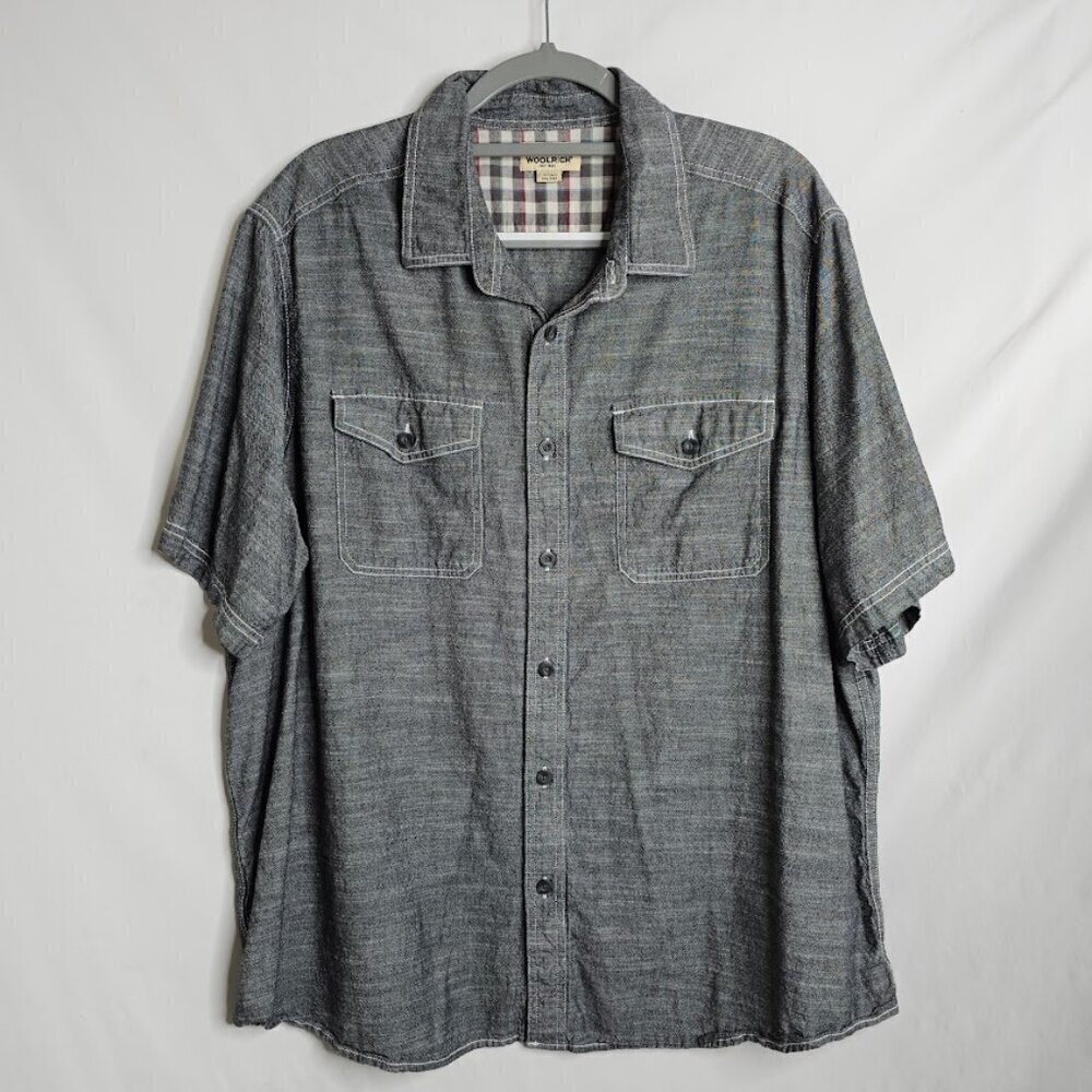 Men's WOOLRICH Button Up Down Shirt size XXL GRAY Cotton Chambray Short Sleeve - Picture 2 of 6